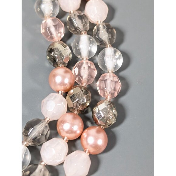 Pink Gray Faceted Bead Faux Pearl Triple Strand Layer Necklace 20" - Picture 8 of 9